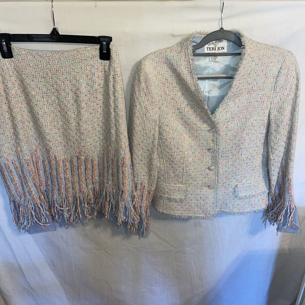 Vtg Rickie Freeman Teri Jon Women’s Tweed Outfit Size 12 Multicolor Jacket Skirt